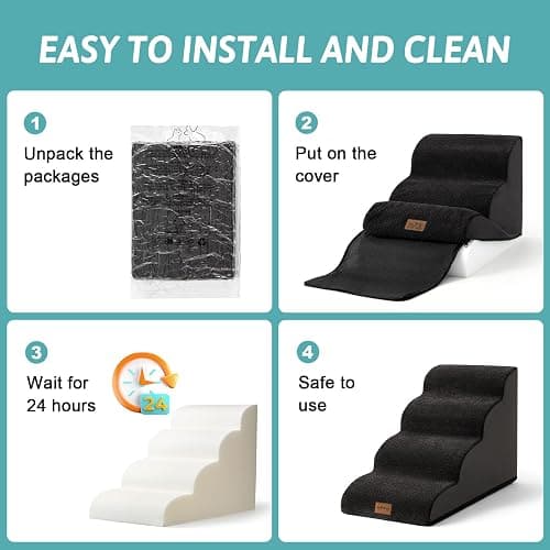 COZY KISS Dog Stairs for Small Dogs 15.7" H, Curved Dog Step for Puppy, Older Cat, Medium Pet Ramp for Sofa, Couch or Chair, Ladder with High Density Foam, 3 Step, 15.7x22.4x15.7 inch, Black thumbnail 7