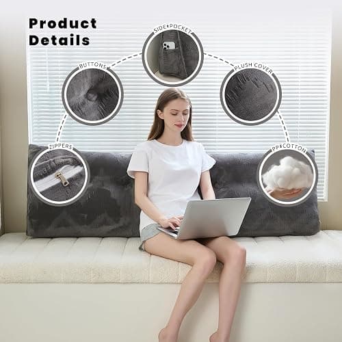 Zelladorra Headboard Pillow for Bed,Triangular Wedge Pillow Headboard Soft Support While Reading and Resting,Bed Bolster Cushion Headboard with Removable Cover,Dark Grey, Queen (59"x8"x20") thumbnail 4