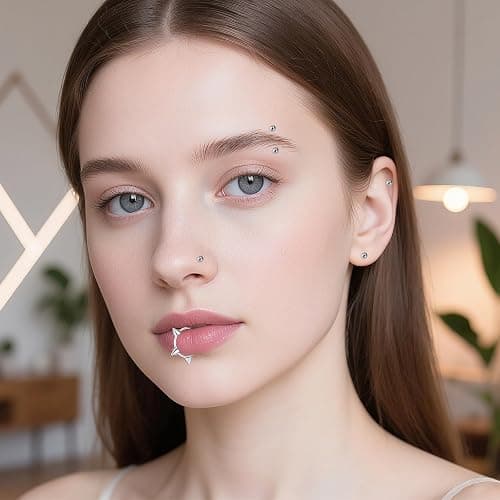 Alrhso 12 Pcs Fake Lip Ring Fake Snake Bite Non-Piercing Lip Cuff Ear Cuff Stainless Steel Vampire Teeth Ring Septum Nose Piercing Set for Women Men (Black Silver) thumbnail 4