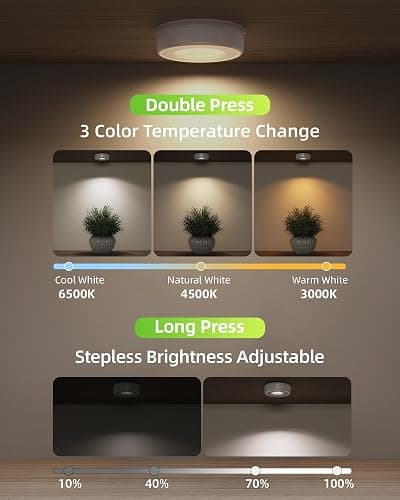 EZVALO LED Puck Lights, Rechargeable Sitck On Tap Lights, Wireless Closet Light, 3 Color Temps, Under Cabinet Lights, 2.5'' Mini Touch Light, Ideal for Kitchen,Closet,Pantry,Shelves,Camper(6 Pack) | Wireless, Rechargeable, Touch Light, Under Cabinet Lights, Stick On, Closet Light, Mini, Kitchen, Pantry, Shelves thumbnail 5