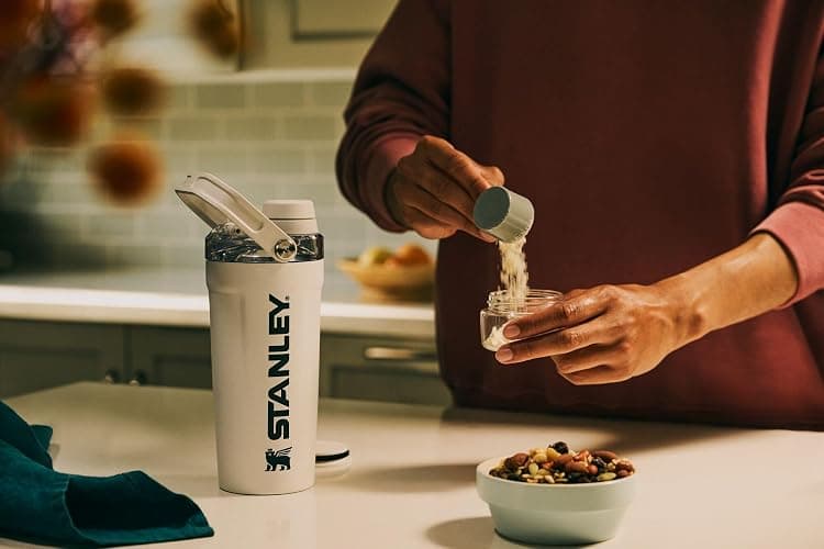 STANLEY Vitalize Shaker Bottle 20 oz | Leakproof Insulated Stainless Steel Shaker Cup | Base Storage and Twist On Fast Flow Lid | Protein Shakes and Pre Workout Powder | BPA-Free | Sage Grey thumbnail 8