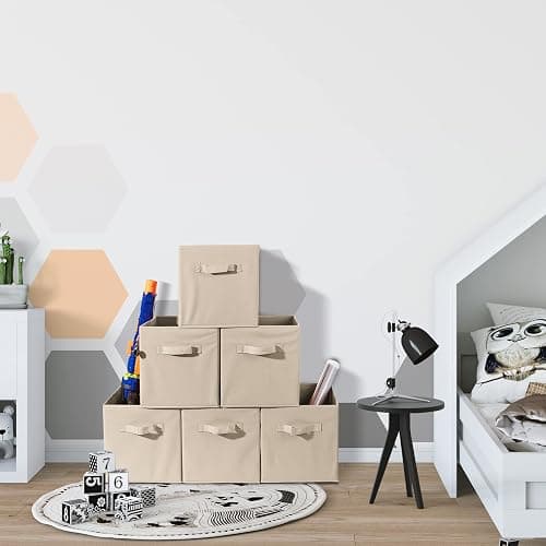 Sorbus Foldable Storage Cubes - 6 Fabric Baskets for Organizing Pantry, Closet, Shelf, Nursery, Playroom, Toy Box - 11 Inch Dual Handle Collapsible Closet Organizers and Storage Bins (Beige) thumbnail 7