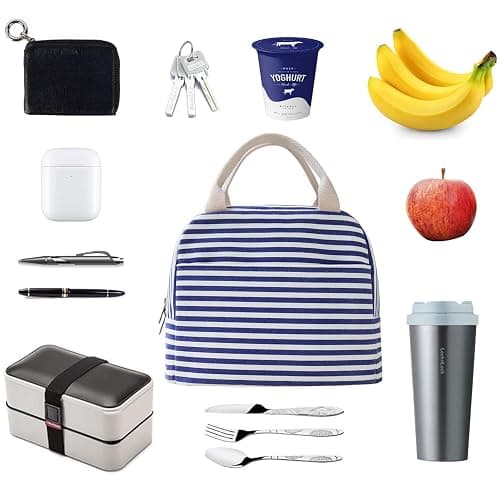 EurCross Blue and White Stripes Lunch Bag Women,Cooler Tote Bag Insulated Lunch Bento Box Bag, Canvas Portable Tote Thermal Bag for Adult Women and Men for Work thumbnail 4