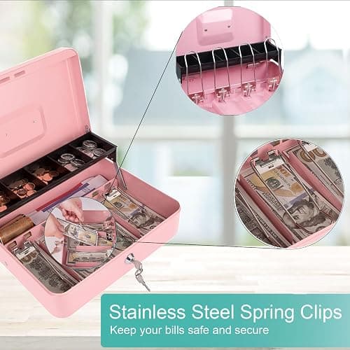 Cash Box with Money Tray and Key Lock, Money Box with Safe Locking, Money Saving Lock Box for Cash Register 11.8"x9.45"x3.54" Pink XL Large thumbnail 4