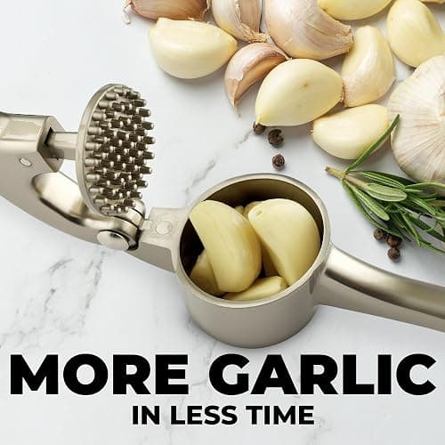 Zulay Kitchen Large Premium Garlic Press Set - Bigger Bowl for Bigger Garlic - Rust Proof & Dishwasher Safe Garlic Mincer Tool - Easy-Squeeze, Easy-Clean Silicone Garlic Peeler & Brush (Silver) thumbnail 6