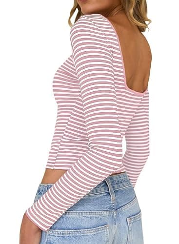 Falechay Long Sleeve Shirts for Women Sexy Backless Striped Tops Going Out T-Shirt Y2K Crop Womens Blouse Boat Neck Outfit - Image 1