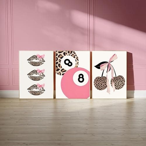 Trendy Pink Leopard Bow Wall Art Set of 3 Funky Cherry Lucky 8 Ball Posters Prints Cute Coquette Preppy Room Aesthetic Wall Decor Pictures for Girls Bedroom Apartment Dorm Unframed 12x16in thumbnail 4