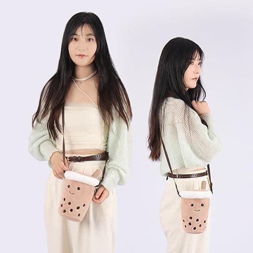 Apricot Lamb Boba Tea Shaped Crossbody Plush Purse for Toddlers and Teen Girls, Stuffed Animal Shoulder Bag, Kids Fashion Handbags thumbnail 2