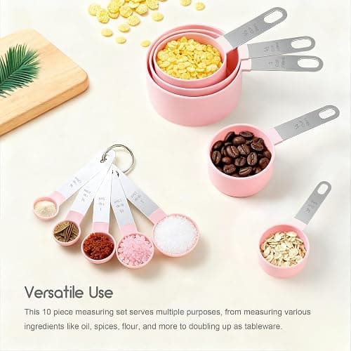 Measuring Cups and Spoons Set, 10 Pieces Stackable Measure Tools with Stainless Steel Handles, Kitchen Gadgets for Cooking & Baking (Pink) thumbnail 2