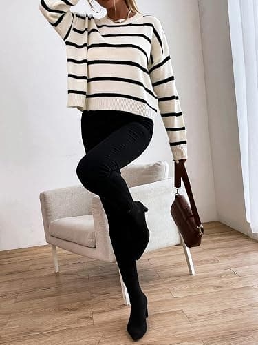 GORGLITTER Women's Striped Drop Shoulder Sweater Oversized Crew Neck Knit Sweaters Pullover Top thumbnail 5