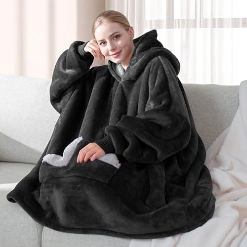 Touchat Wearable Blanket Hoodie, Oversized Sherpa Blanket Sweatshirt with Hood Pocket and Sleeves, Gifts Hooded Blanket for Adult Women Men (Black) thumbnail 4