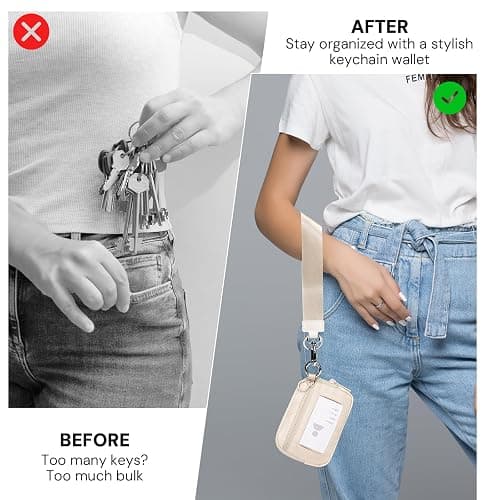 Beige Mini Zip Card Case for Women with Clear ID Window, Coin Purse, Lightweight Small Zipper Wallet,Portable Organizer thumbnail 2