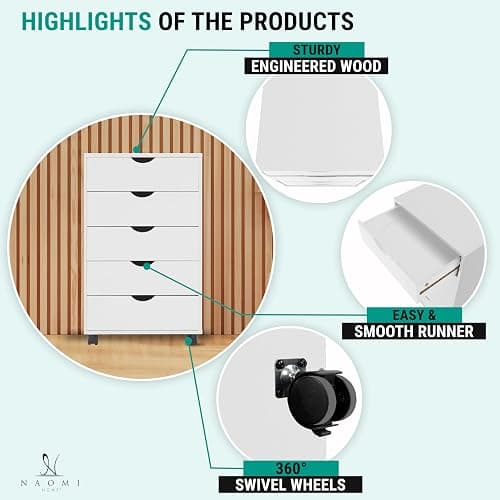 Naomi Home Office File Cabinets Wooden File Cabinets for Home Office Lateral Cabinet Wood Cabinet Mobile Mobile Storage Filing Storage Drawer White 5 Drawer thumbnail 6
