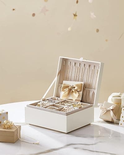 SONGMICS 2-Layer Jewelry Box, Jewelry Organizer with Handle, Removable Jewelry Tray, Jewelry Storage, Floating Effect, 8.1 x 9.4 x 4.3 Inches, Christmas Gift, White UJBC165W01 thumbnail 8