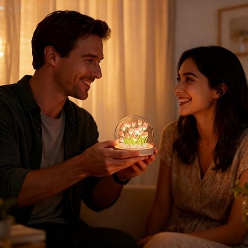 LOGAZOO (20 Flower) Birthday Gifts for Mom, Tulip Lamp Night Light with Glass Dome,Handmade Artificial Flower Table Lamp Bedroom Desk Decoration for Women Daughter Girlfriend Christmas Holiday Gift thumbnail 3
