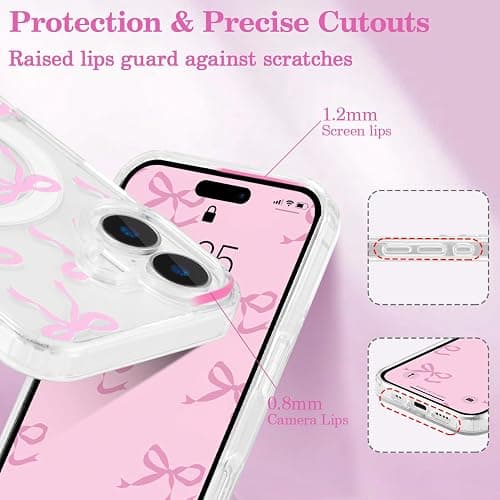 UEEBAI Magnetic for iPhone 16 Case, Bow Case Compatible with MagSafe, Wireless Slim Clear Ribbon Aesthetic Phone Cover Anti-Yellowing Shockproof Protective Cover for Women Girl - Pink thumbnail 3