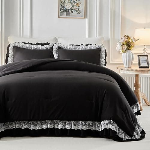 Joyreap Queen Size Comforter Set Black, 3pcs Lace Ruffled Bedding Comforter Set, Microfiber Vintage Boho Chic Bedding Set for All Season- 88x88 inches - Image 1