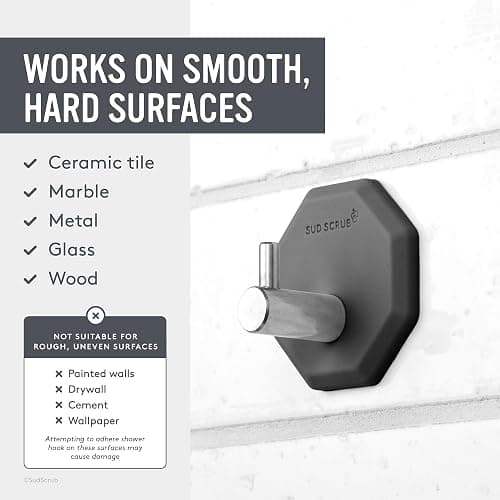 Sud Scrub Antimicrobial Shower Hooks, Self Adhesive, Heavy Duty Removable, Stick On for Hanging, Bathroom Towel Hook (Charcoal) thumbnail 4