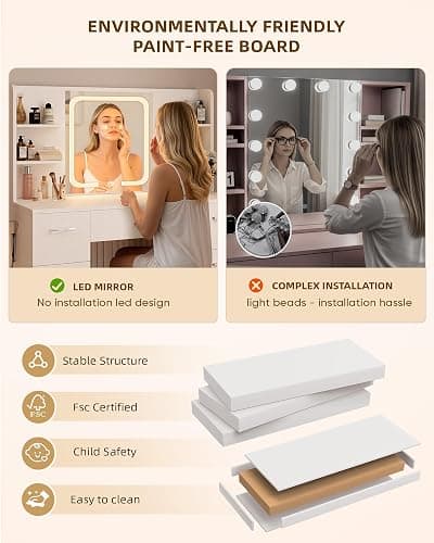 LIVELYGLOW 43" Large White Makeup Vanity Desk with Charging Station | Smart LED Mirror, Hairdryer Holder, 7 Drawers, 4 Shelves thumbnail 6