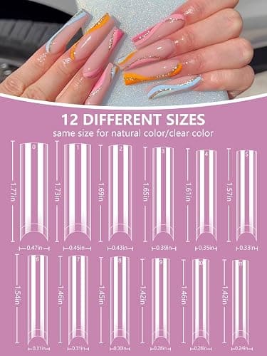 480PCS Extra Long C Curve Nail Tips and Glue, 2 Packs Natural and Clear Acrylic for Nails Professional Set, 12 Sizes Artificial Straight Square French False Nail Tips thumbnail 4