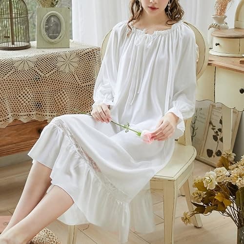 Homgro Women's Cotton Nightgown Long Sleeve Nightgowns Victorian Vintage Autumn Night Shirt thumbnail 4