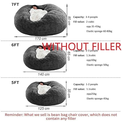 HDMLDP Bean Bag Chair for Adults Kids Without Filling Comfy Fluffy Giant Round Beanbag Lazy Sofa Cover for Reading Chair Floor Chair, 6FT, Grey thumbnail 2