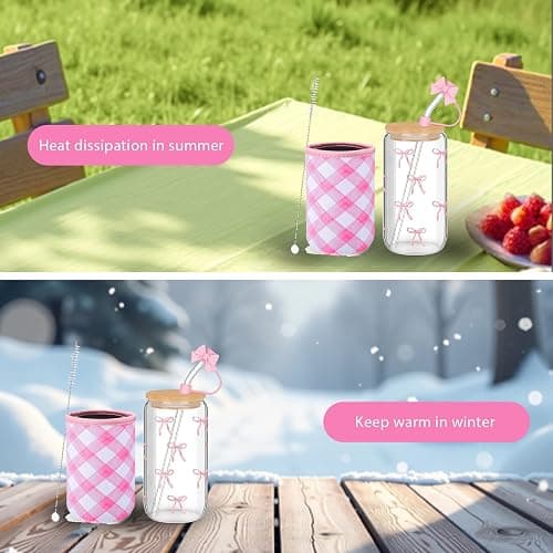 Mrltau 16 Oz Rosa Schleife Deko Glas Mit Deckel Und Strohhalm Und Bechermanschette, Iced Coffee Cup Aesthetic Stuff Clean Girl, Aesthetic Gläser Gift for Women, Summer Must Haves for Teen Girls thumbnail 6