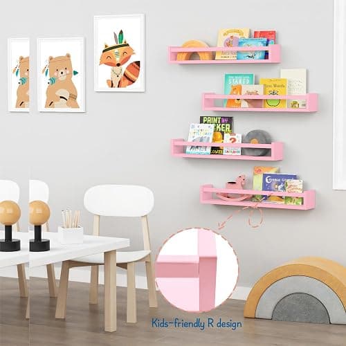 Forbena Large Pink Kids Book Shelves for Girls Room Wall Set of 4, Floating Nursery Book Shelf for Baby Girl Deocr, 24 Inches Long Wall Mounted Bookshelf for Toddler Kid Child Teens Bedroom (Pink) thumbnail 6