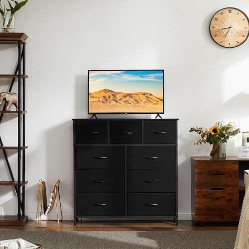 DUMOS Dresser for Bedroom, Storage Organizer with 9 Drawers, Chest of Drawers with Fabric Bins, Sturdy Metal Frame, Wood Tabletop for Guest Room, Closet, Entryway, Black thumbnail 2