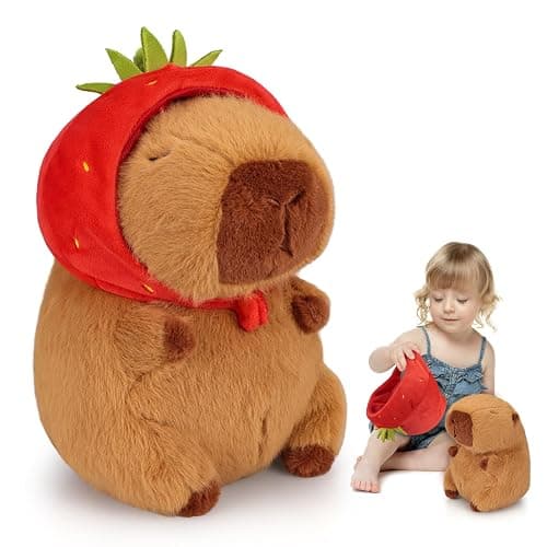 Emoin Capybara Plush Toy with Strawberry Hat 9.8 Inch Kawaii Soft Strawberry Capybara Stuffed Animals Hugging Capibara Baby Girls Gifts - Image 1