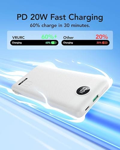 ⭐️VRURC Portable Charger with Wall Plug, 10000mAh Slim Portable Charger Built in Cables,PD 20W Fast Charging Power Bank with Cords,USB C Portable Phone Charger Travel Accessories -White(1 Pack) thumbnail 4