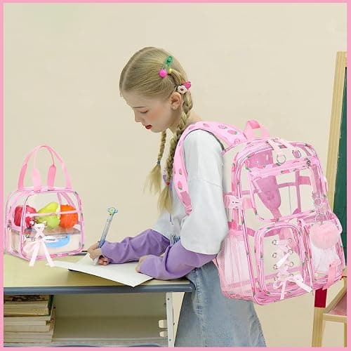 Bevalsa Clear Backpack for Girls, 3PCS Transparent Kids Backpacks for Teens | School Stadium Approved Backpack, Heavy Duty Clear Bookbag with Lunch Bag & Pencil Case for Elementary Middle High School thumbnail 2