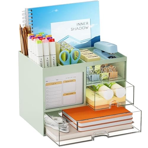 Marbrasse Desk Organizer with 3 Drawer, Multi-Functional Pencil Pen Holder for Desk, Desk Organizers and Accessories with 4 Compartments, Desktop Organizer Storage for Office Home Supplies (Green) - Image 1