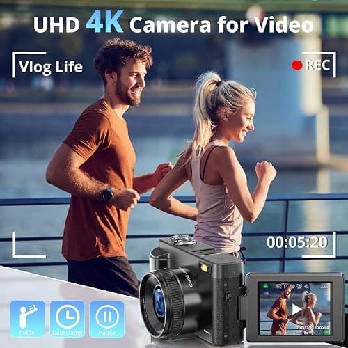 4K Digital Camera for Photography and Video, Autofocus 48MP Vlogging Camera for YouTube with 3'' 180°Flip Screen 16X Zoom Compact Travel Cameras with SD Card, 2 Batteries, Anti-Shake, Flash (Black) thumbnail 2
