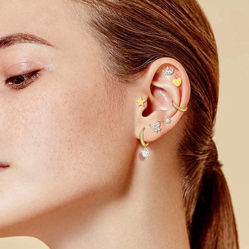 14K Gold Plated Flat Back Earrings & Hoops Set - 16 Pairs Hypoallergenic Cartilage Studs & Mini Hoops for Women | Threadless Push-in Design, Tiny Star, Moon, Heart, CZ Studs & Chunky Hoops thumbnail 3