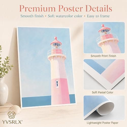 YVSRLX Set of 3 Pink Coastal Beach Wall Art Prints, 12x16 Inch Unframed Preppy Coastal Granddaughter Posters, Palm Tree Lighthouse Pictures for Teen Girls Bedroom Bathroom Dorm Decor thumbnail 4