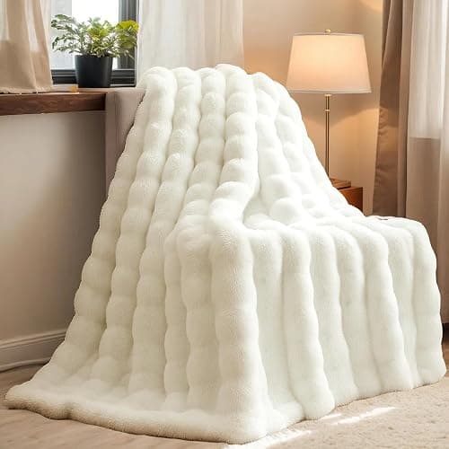 H&D Throw Blanket for Couch,Faux Fur,Fluffy Cozy Soft Plush Luxury Thick Fuzzy Fleece Blanket for Couch Bed Sofa Bedroom Living Room,Comfy Bubble Blanket - Image 1