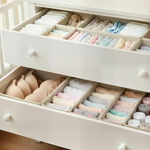 ALFSPEJO Drawer Organizer Set 6 Pack - Foldable Fabric Storage Bins with Zipper Bottom for Underwear Socks Bras Baby Clothes - Closet Dresser Organizers Dividers for Bedroom Nursery, Beige thumbnail 7