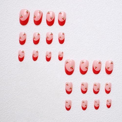 Cute Press on Nails Short Almond French Tip Fake Nails Full Cover Petite False Nails with Cherry Designs Red Glossy Glue on Nails Acrylic Nails Manicure Artificial Nails for Women Girls 24Pcs thumbnail 5
