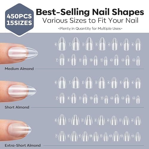 Modelones Medium & Short & Extra Short Almond Nail Tips - Multi-type 3 Styles Set Gel Tips Half Matte Full Cover Clear Acrylic Gel Kit Fake Nails for Extension DIY Salon 450Pcs 15Sizes thumbnail 6