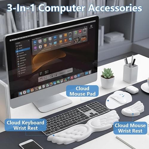 Angel Wing Wrist Rest Ergonomic Angel Wings Keyboard Wrist Rest with Mouse Hand Support and Cloud Mouse Pad Set, Pu Leather Surface, Non-Slip Base & Memory Foam for Office, Gaming, Work(3Pcs, White) thumbnail 6