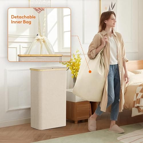Lifewit 75L Slim Laundry Hamper with Lid, Narrow Laundry Basket with Removable Bag & Bamboo Handles, Fodable Thin Dirty Clothes Hamper for Laundry Collapsible Bin for Bathroom Bedroom Dorm, Beige thumbnail 4