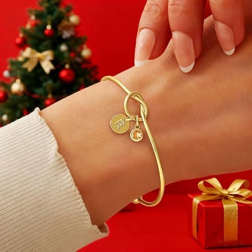 Turandoss Christmas Gifts for Grandkids, Dainty 14K Gold Plated 12 Months Disc Initial Birthstone Heart Knot Bangle Bracelet Birthday Bridesmaid Bracelet Jewelry for Women Girls thumbnail 2