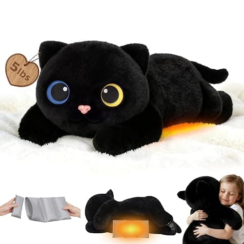 Mewaii Weighted Stuffed Animals with Microwavable Heating Pad - 5 lbs Adjustable, Heatable & Coolable Stuffed Animal for Realistic Hug, Removable Inner Pad, Plush Gifts for Kids (Black, 23 Inch) - Image 1