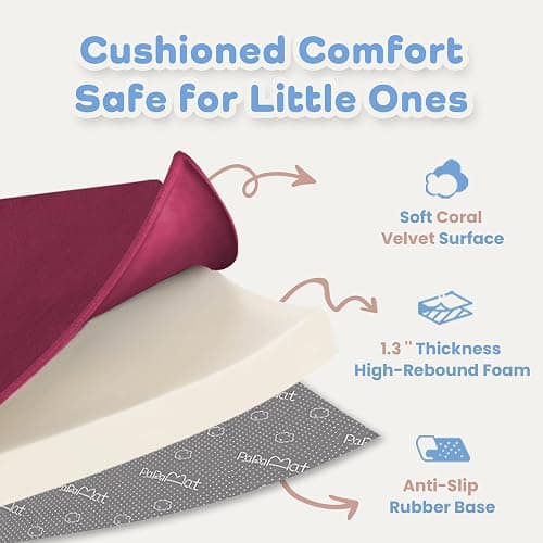 PAPAMAT 1.3" Thick Baby Floor Play Mat 50x50, Basic Padded Foam Mat for Tummy Time Crawling, Non Slip Cushioned for Babies Toddlers Infants Kids (Burgundy) thumbnail 4