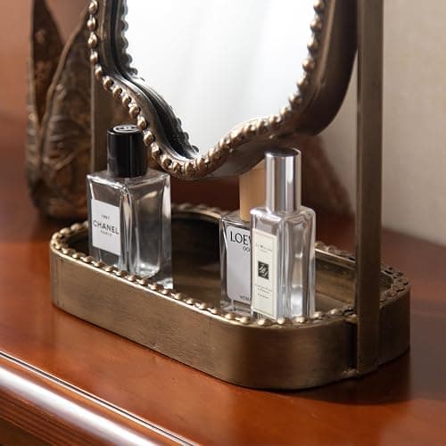 HuiDao Vintage Makeup Mirror with Tray, 360° Rotatable Antique Table Vanity Mirror with Stand, Metal Retro Desktop Dressing Mirror for Home Decor, Countertop, Bedroom, Bathroom, Living Room thumbnail 4