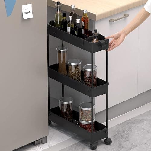 SPACELEAD Slim Storage Cart 3 Tier,Bathroom Organizer Rolling Utility,Mobile Shelving Unit Slide Out for Office, Kitchen, Laundry Room & Narrow Places,Black thumbnail 3