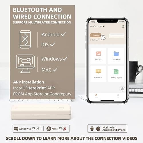 HPRT Portable Printers Wireless for Travel - MT810 Bluetooth Thermal Inkless Compact Printer, Paper Rolls Mobile Printing for Vehicles Office, Compatible with iPhone Android & Laptop - Beige thumbnail 4