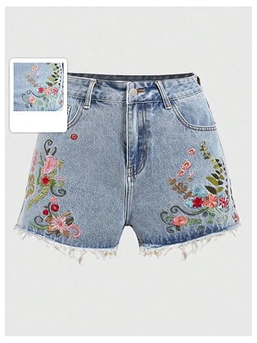 MAKEMECHIC Women's Floral Jean Shorts High Waist Embroidery Raw Hem Denim Short thumbnail 5