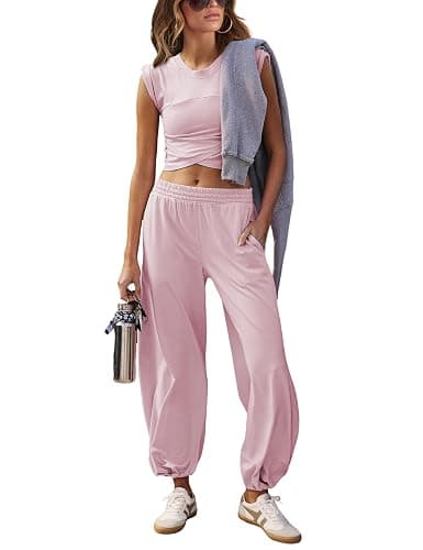 Womens 2 Piece Sweatsuits Sets Casual Workout Cropped Tee Top High Rise Sweatpants Athletic Tracksuits - Image 1